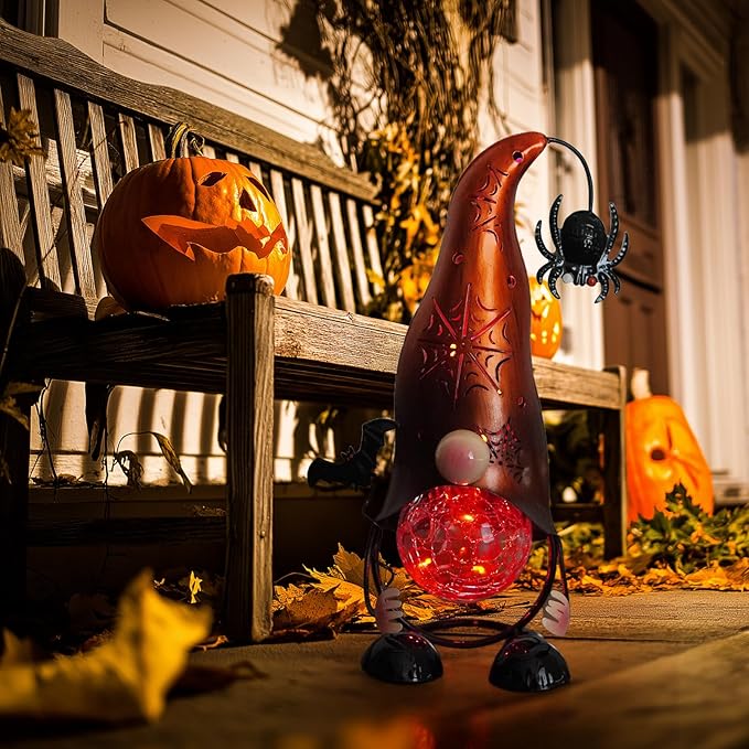 Halloween Decorations Outdoor Gnome Solar Lights, Color Changing LED Lights with Spider Web Hollowed-Out Hat, Spooky Halloween Outdoor Decorations for Garden, Patio, Yard, Pathway (Pumpkin)