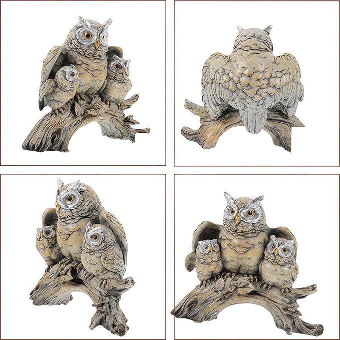 Resin Owl Statue with Spread Wings - Outdoor Garden, Patio, Office Decor Figurine: Family Parent & Two Baby Owls on Base (Grey-Black)