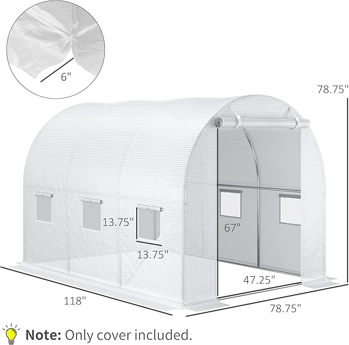 Outsunny 9.8' x 6.6' x 6.6' Plastic Greenhouse Cover Replacement, Heavy Duty Waterproof Tarp for Hoop House, Sheeting with 6 Windows, Door & Reinforcement Grid, White