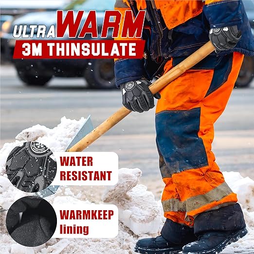 HANDLANDY Winter Water Resistant Work Gloves for Men, Insulated Heavy Duty Impact Glove for Cold Weather (Black-insulated, Medium)