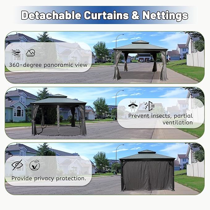 Outdoor Hardtop Gazebo for Patio 12x12FT with Resin-Galvanized Steel Roof, Metal Hard Top Gazebo with Gutters, Heavy Duty Gazebos All Season with Curtains & Netting, for Deck, Backyard, Hot Tub