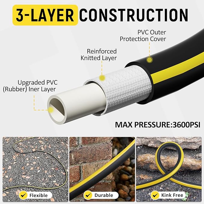 Pressure Washer Hose 50ft - 1/4" Flexible Power Washer Hose Kink Resistant,3600 PSI Leak-Free M22-14mm Extension Replacement Hose 5 Accessories with storage strap