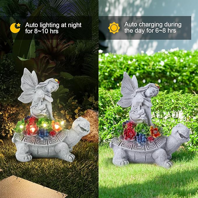 Solar Fairy Garden Statue, Angel Fairy on Solar Turtles for Outdoors with LED Lights, Garden Angels Outdoor Statue, Balcony Lawn Yard Decor Gift for Mom Grandma