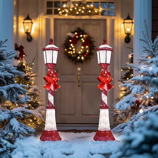 60Inch Outdoor Christmas Decorations Outdoor Lighted Lamp Post 3D Lamppost LED Lighted Display with 128 LED Lights&Bow, Holiday Decorations for Yard, Porch, Patio (2-Pack)