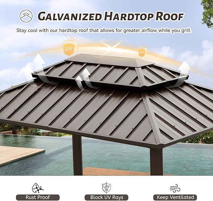 Domi 8'x6' Grill Gazebo Hardtop Aluminum BBQ Gazebo with Bar Shelves and Ceiling Hooks, Double Metal Roof Outdoor Gazebos for Patio Lawn Garden Deck (Dark Brown)