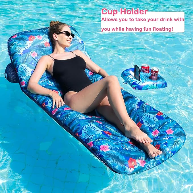 FindUWill Inflatable Pool Float Lounger - Fabric Pool Float with Cup Holder, Backrest, Swimming Water Floaties Pool Raft for Adults