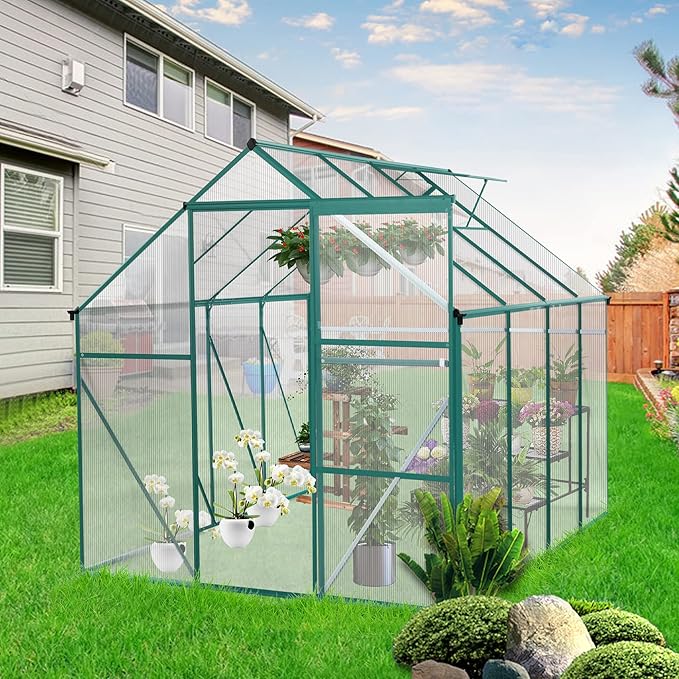 6x8 FT Polycarbonate Walk-in Greenhouses,Heavy Duty Hobby Green House,Storage Shed with Sliding Doors & Adjustable Roof Vent,Aluminum Sunroom Hot Houses for Outdoor Garden Backyard