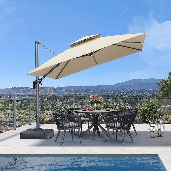 PURPLE LEAF 10 Feet Sunbrella Cantilever Umbrella Outdoor Double Top Large Offset Hanging 360° Rotation Square Umbrella for Garden Patio Deck Pool Backyard Spectrum Sand