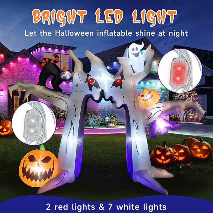 10FT Halloween Inflatable Archway, Giant Blow up Arch Yard Decorations withTree, Pumpkin, Bat, Ghost &Cat, Outdoor Halloween Decorations Build-in LEDs Lights for Yard, Party, Garden, Lawn