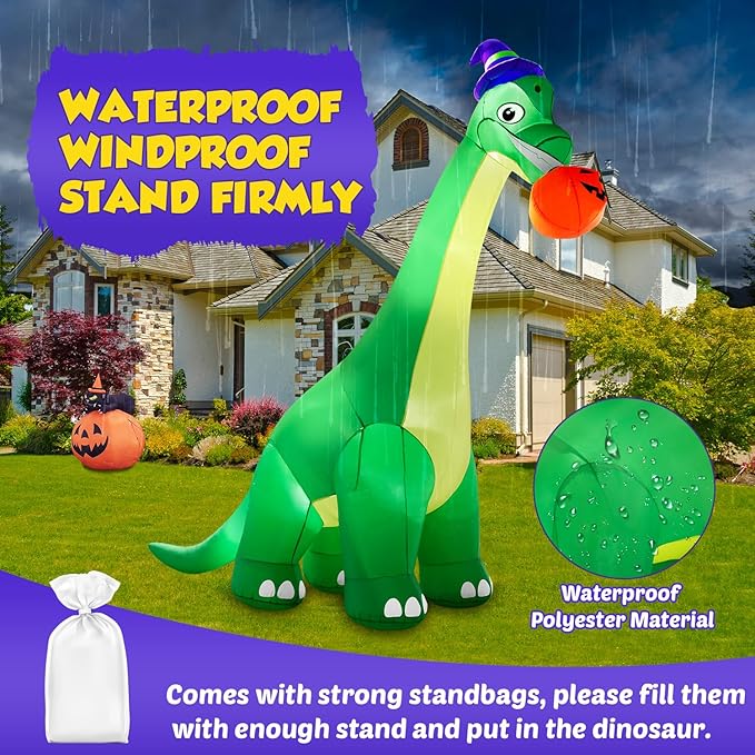 13Ft Giant Halloween Dinosaur Inflatable Decorations, Bite Large Pumpkin with Witch Hat Build-in LED Light Strong Blower Huge Blow Up Yard Clearance Decor for Outdoor Indoor Holiday Party Yard