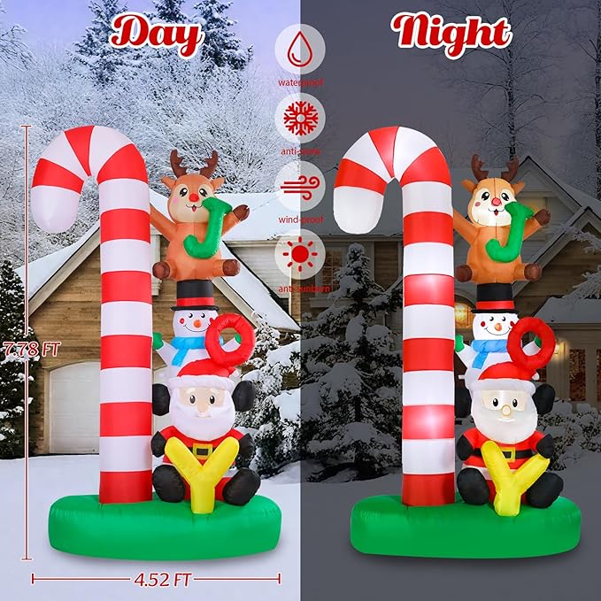 MUMTOP Christmas Inflatable Outdoor Decoration, 7.8 FT Candy Cane Christmas Inflatables with Joy Sign, Elk, Snowman and Santa Blow Up Lighted Holiday Displays for Garden Yard Outside Winter Decor