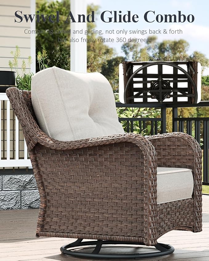 LayinSun 7 Piece Wicker Outdoor Furniture Set with 6-inch Comfy Cushions, High Back Patio Furniture Set with Swivel Rocking Chairs and Fire Pit Table