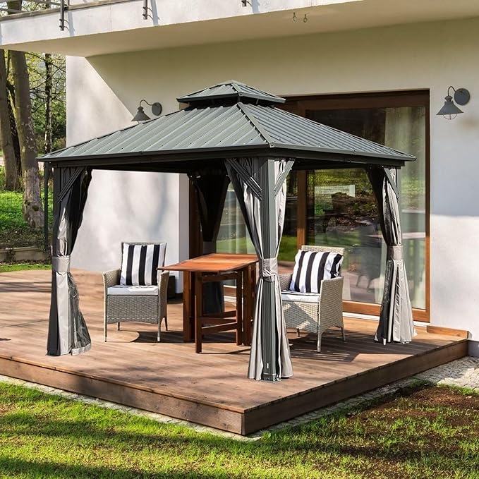Domi 8’ X 8’ Hardtop Gazebo Canopy with Netting & Curtains, Outdoor Gazebo with Galvanized Steel Double Roof for Patio Lawn and Garden, Gray
