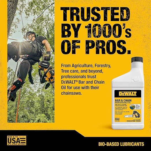 DEWALT – Biodegradable Bar & Chain Oil – Green, Eco-Friendly, Non-Toxic Professional Bar & Chainsaw Lubricant – Ultraclean All-Season Oil for Gas, Electric Saw, & Pole Saw, 16 oz (Case of 24)