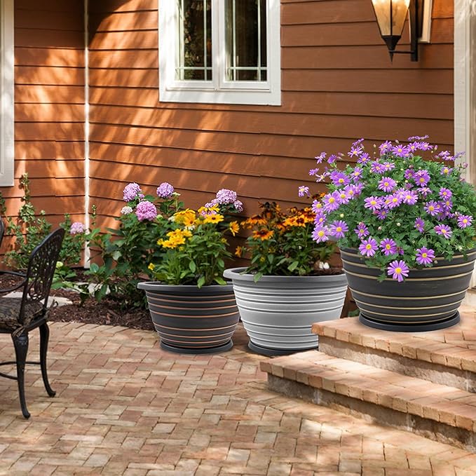 KPUVX12 inch pots for Plants, 3 Pack Large-Planter-Indoor-Outdoor,Plastic Flower Pots with Saucer and Drainage Holes, Retro Antique Imitation Decorative Garden Containers Sets for Houseplant(Gold)