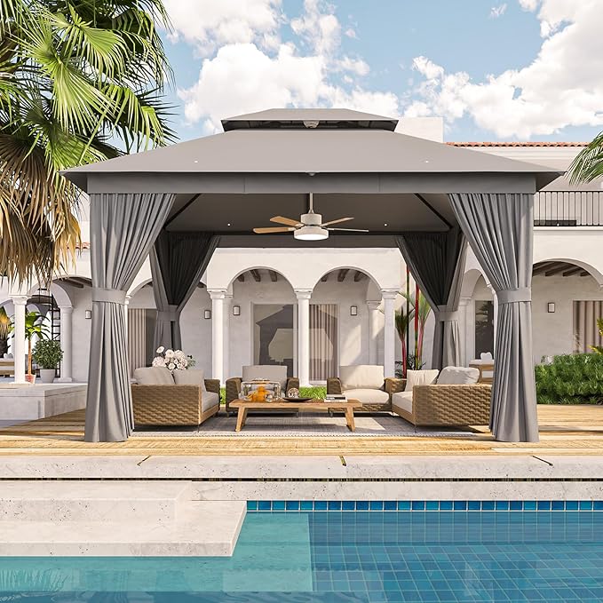 Outdoor Gazebo Metal Frame Patio Pergola Double Roofs Patio Canopy with Double-Layer Door and Mosquito Netting for Deck, Backyard, Lawn (Grey, 10x12FT)