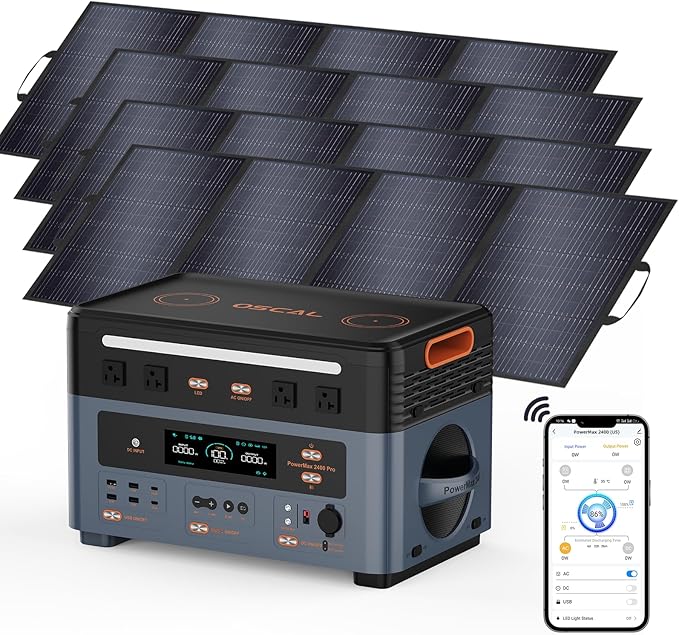 OSCAL 2400W Solar Generator with 4×200W Solar Panel, 1872Wh Solar Power Station with 4 AC Outlets (5000W Peak), 1.45H Full Charging, APP Control Emergency Power Station for Home, Camping & RVs