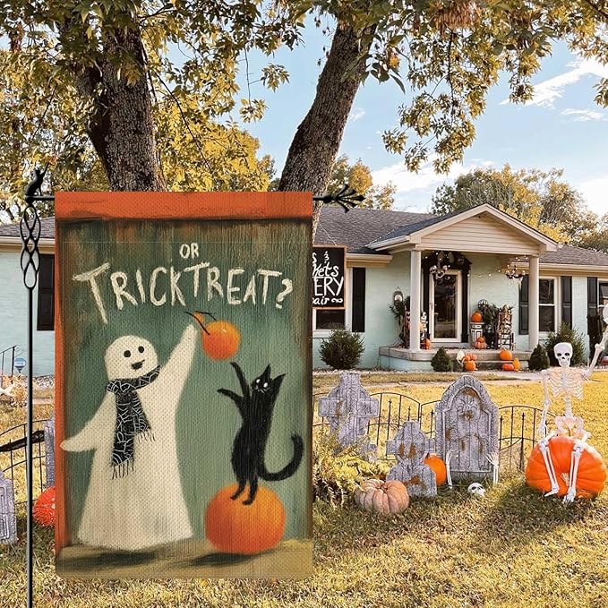 Trick or Treat Garden Flag Ghost Teasing Black Cat Holiday Garden Flag Pumpkins Vertical Double Sided Rustic Farmland Burlap Yard Lawn Outdoor Decor 12.5x18"