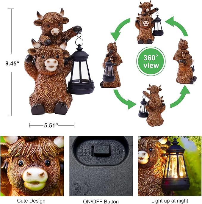 Solar Highland Cow Garden Decor - Resin Cow Statue with Solar Lantern Outdoor Yard Patio Decor - Ideal Gifts for Women,Mom Men (Copper)