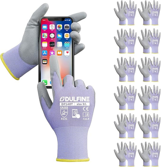 DULFINE Work Gloves for Men PU Coated 12 Pairs Bulk Pack,Purple Seamless Knit Glove with thin Polyurethane,Two Finger Touchscreen, for Men and Women, Ideal for Light Duty Work. (X-Small)