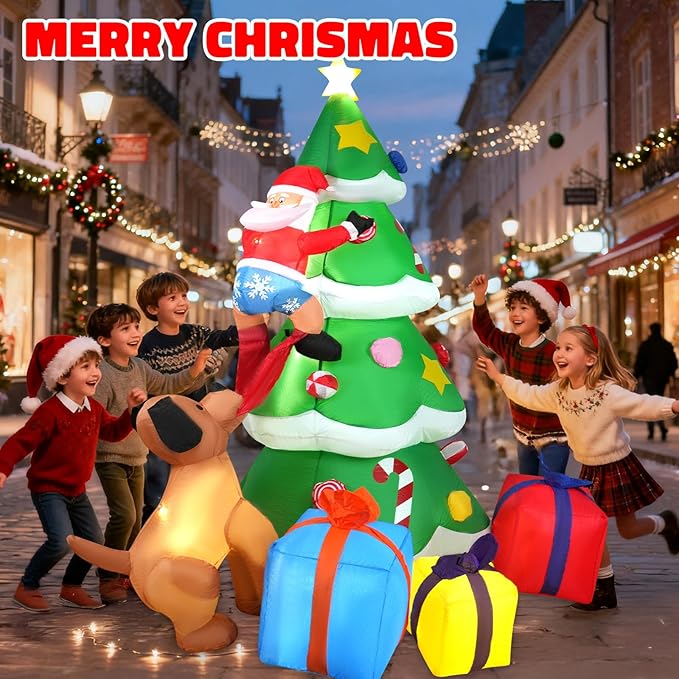 HFO 8ft Christmas Inflatable Outdoor Decorations, Blow up Christmas Tree Yard Decor with Dog Bite Santa Claus 3 Wrapped Gift Boxes, Bright LED Lights Christmas Outdoor Decorations