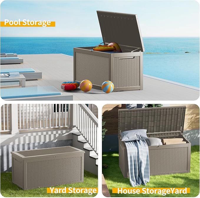 320 Gallon Deck Box, Resin Outdoor Indoor Waterproof Storage Box, Lockable Storage Box With Handle for Patio Furniture - Garden Tools - Swimming Pool Tools UV-Resistant (Grey 320 Gallon)