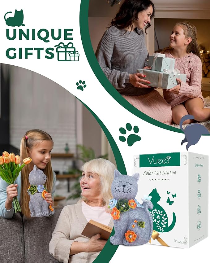 Solar Garden Statues Outdoor Decor, 6 LED Cat Flowers Butterfly Figurine Lights, Waterproof for Balcony Patio Porch Lawn Yard Ornament Art - Gift Ideas for Housewarming Gardening Grandma Women