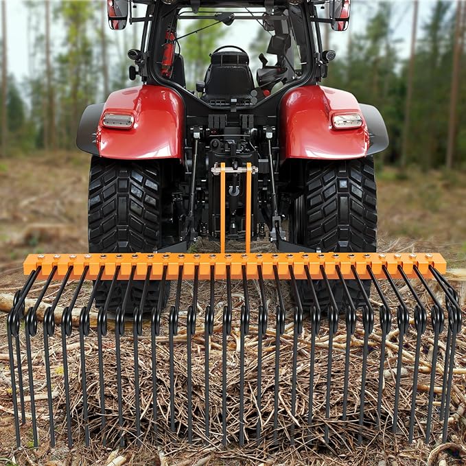 72" Durable Powder Coated, Steel Pine Grass Rake, Steel Spring Landscape Rake, Cat 0 Cat 1 Attaches to Tractor, 3-Point Hitch, Black + Orange