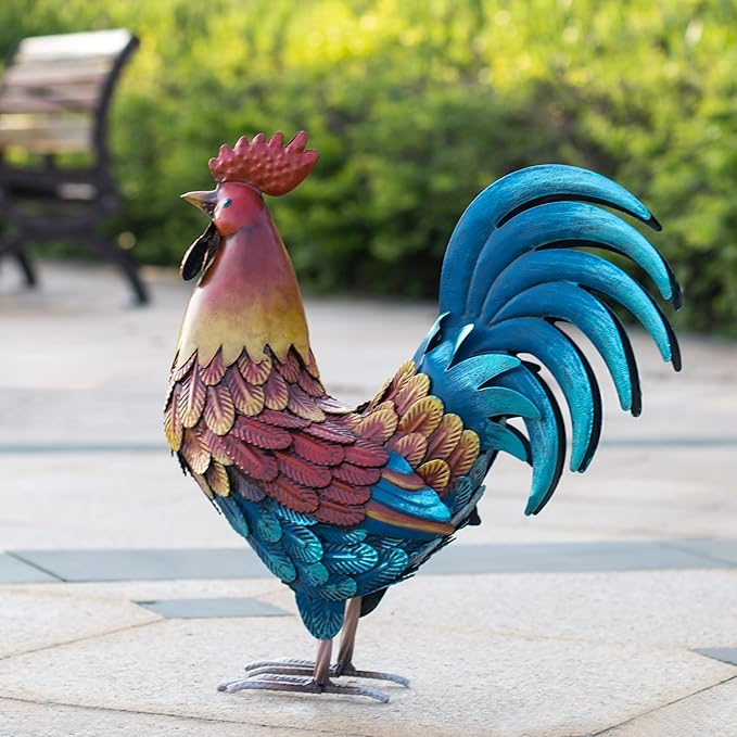 Kircust Metal Rooster Yard Art Statue, Chicken Garden Animals Sculpture Lawn Ornament Figurines Artwork for Outdoor, Patio, Backyard and Home Kitchen Decoration