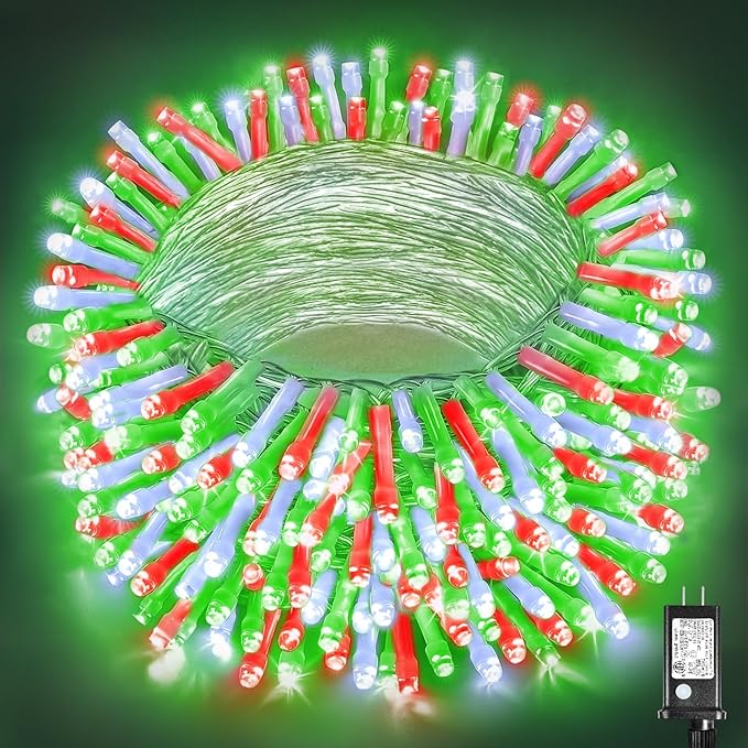 300 LED String Lights for Outside, 98ft Twinkle Lights Plug in with 8 Modes for Chrismtas Halloween Decor, Red White&Green