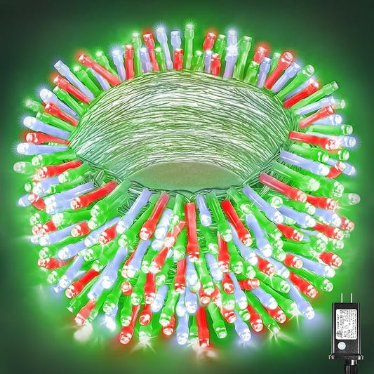 300 LED String Lights for Outside, 98ft Twinkle Lights Plug in with 8 Modes for Chrismtas Halloween Decor, Red White&Green