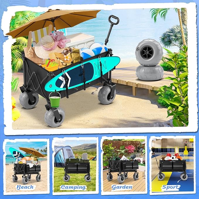Beach Wagon with Big Wheels for Sand Heavy Duty Collapsible Wagon with 9" All Terrain Inflatable Tires, Foldable Beach Cart for Camping Outdoor Grocery Shopping Garden Sports