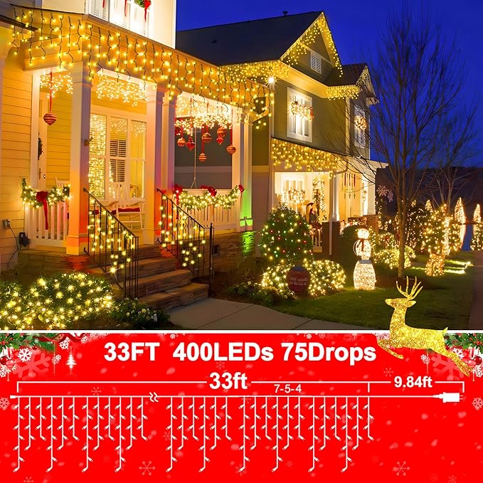 KNONEW 33FT 400 LED Christmas Lights Outdoor Black Wire String Lights with 75 Drops, 8 Lighting Modes, Timer Memory Function Connectable Hanging Curtain Lights for Halloween Party Decor (Warm White)