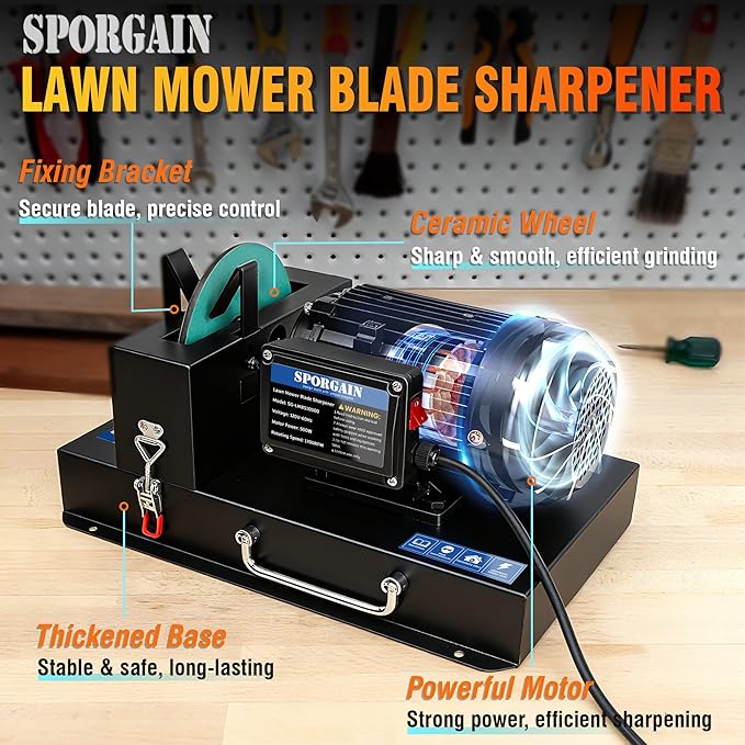 Lawn Mower Blade Sharpener 2/3 HP 500W, 7" Ceramic Wheel with 9 Extra Sandpapers, Heavy-Duty Sharpening Machine for High/Low Lift, Gator & Flat Blades