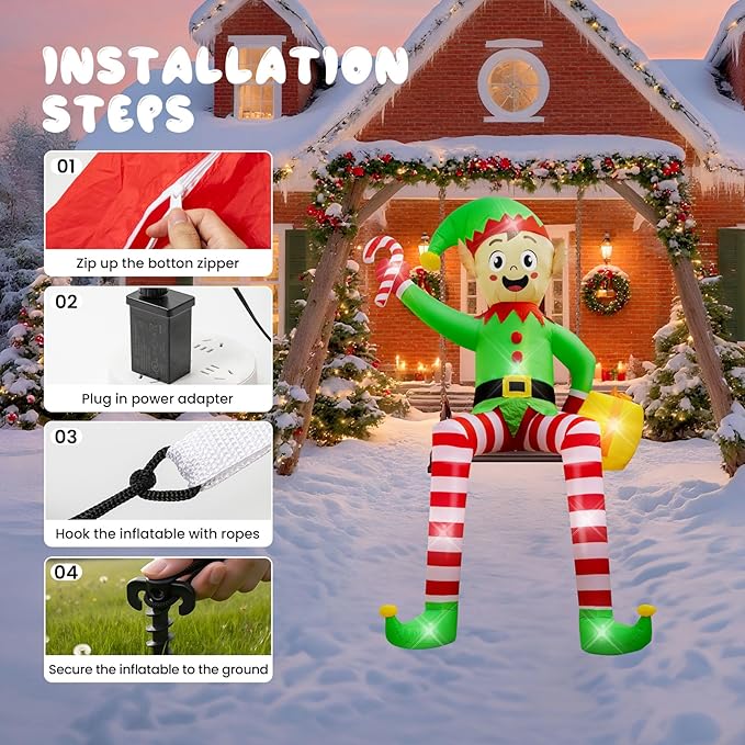 12FT Christmas inflatables, Christmas Inflatable Outdoor Decoration Sitting Elf with Built-in Led Lights, Christma Blow Ups Outdoor Roof Yard Lawn Xmas Decor