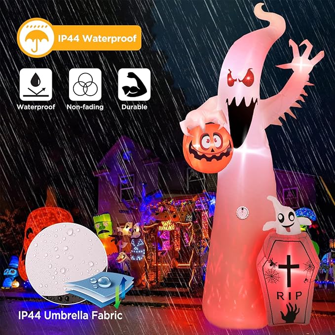 Elegear 12FT Halloween Inflatable Blow Up with Motion-Activated Screaming, 8-Mode Color Changing Flame Lights, Spooky Ghost Halloween Inflatables Outdoor Decorations for Yard Lawn Garden Porch Party
