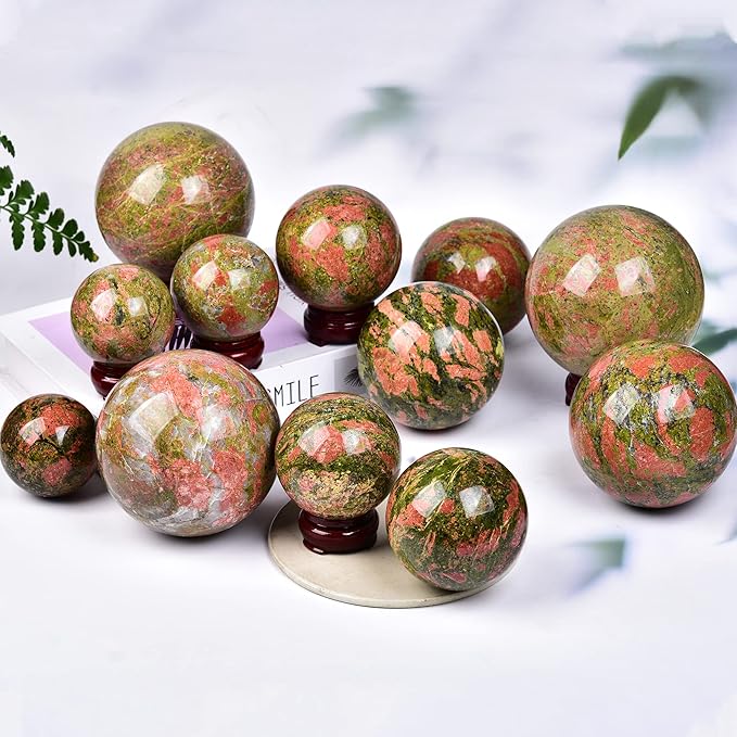 JIC Gem Small Crystal Sphere Ball Natural Unakite Stone Healing Crystal Ball with Decoation Stand for Fengshui Meditation Decoation (60-70mm)