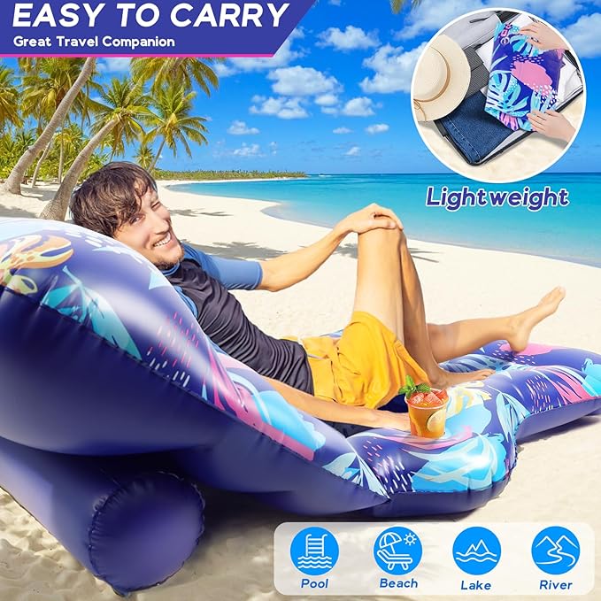 2025 New Pool Floats Adult, Inflatable Pool Lounge Floating Raft Chair with Adjustable Backrest Cup Holders for Swimming Pool Lake Beach Party, Tanning Floaties for Adults Heavy Duty