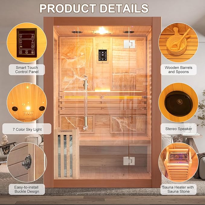Smartmak Wood Home Steam Sauna, 2 Person Canadian Red Cedar Traditional Luxurious Wooden Indoor Spa Room, with 3 kw Heater, Bluetooth Speaker, Rocks, Water Bucket, Spoon, Lights