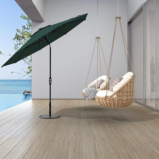 Midtown Umbrellas The Swilt 10 Feet Patio Umbrella in Terylast Forest (Dark Green) Polyester Fabric - Fiberglass Ribs, Auto-Tilt Aluminum Frame For Backyard, Deck, Garden, Pool - White Pole