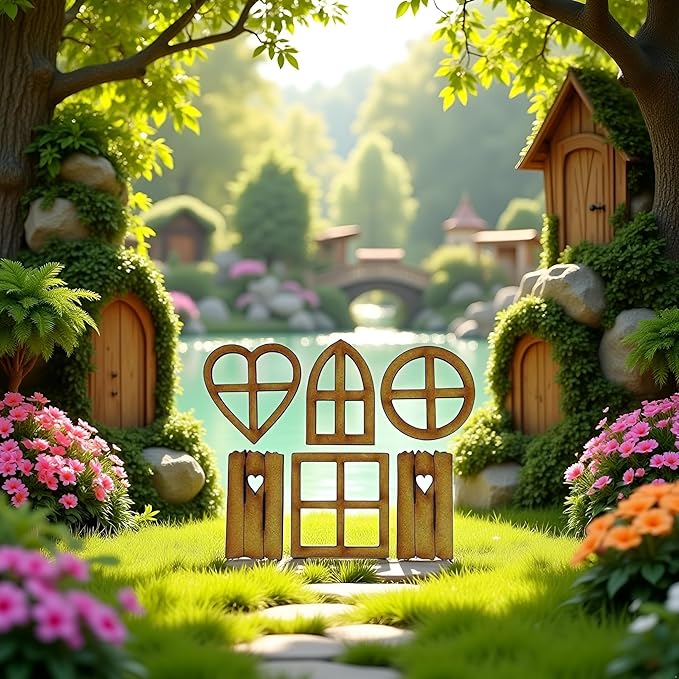 6Pcs Brown Wooden Fairy Garden Door, Blank Door Fairy House Doors and Windows Ornaments Tree Statues for Tree Trunk Yard Decoration, Miniature Gardens Buildings , Garden Sculptures and Statues