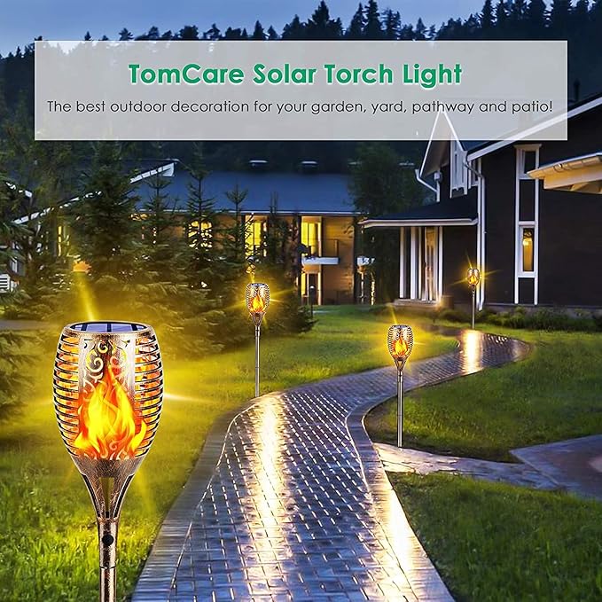 TomCare Solar Lights Outdoor 99 LED Higher & Larger Flickering Flame Solar Torch Lights 43" Decorative Waterproof Solar Powered Pathway Landscape Lighting for Garden Patio Yard, 4Pack (Bronze)