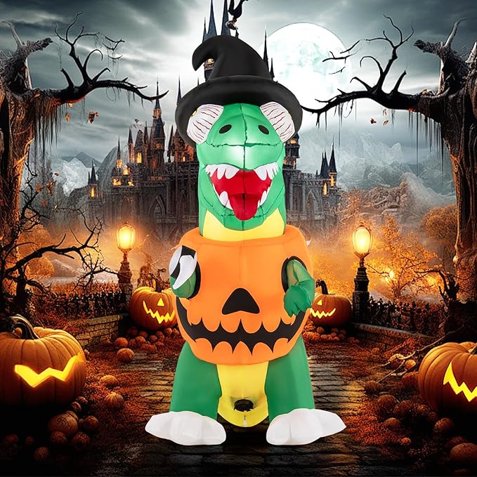 Goplus 6 FT Inflatable Pumpkin Dinosaur, Blow up Yard Decoration with Built-in LED Lights & Witch Hat, Halloween Inflatable Decoration with Stakes, Tethers & Sandbag, for Garden, Yard & Lawn