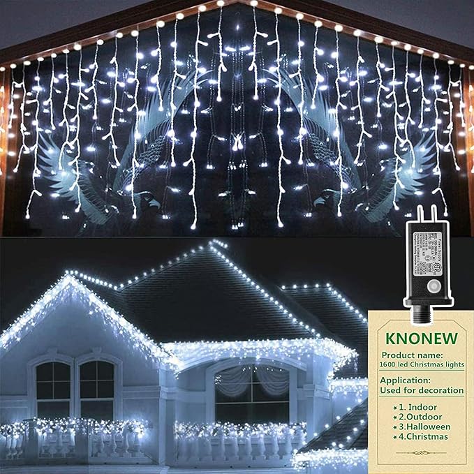 KNONEW 164FT 1600 LED Christmas Lights Outdoor Decoration White Timer 8Modes Hanging Fairy String Lights with 320 Drops, Plug in Waterproof Indoor Decor for Holiday Wedding Party Window Garden