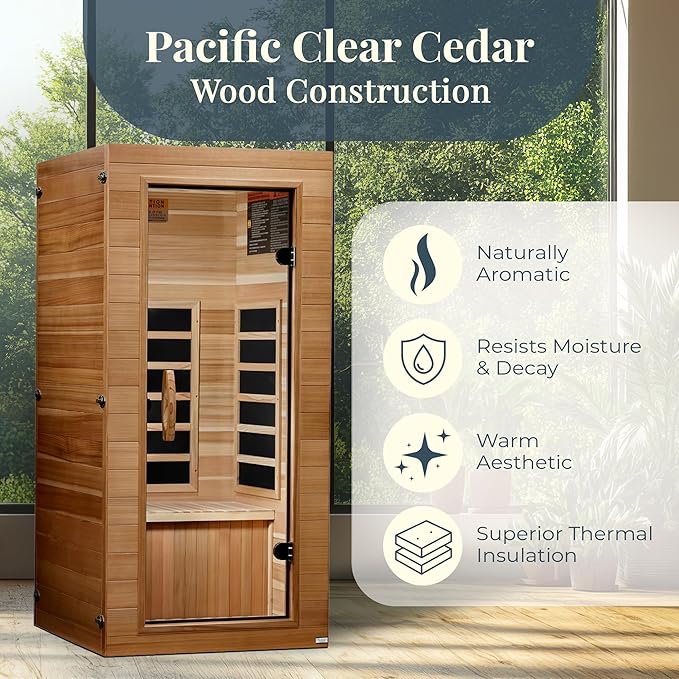 DYNAMIC SAUNAS Elite 1 Person Compact Ultra Low EMF FAR Infrared Sauna with Red Light Therapy & Bluetooth Speakers - Personal Indoor for Home & Gym