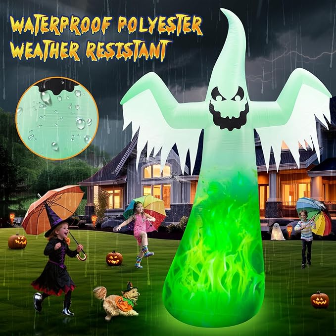 12FT Giant Halloween Inflatables Ghost Built-in 3-Color Changing Rotating Flame LEDs, Huge Halloween Decorations Outdoor Spooky Blow Up Yard Decoration Large Scary Blowups for Festival Lawn(1PCS)