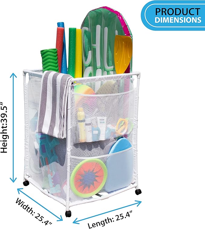 Essentially Yours Rolling Pool Storage Organizer Bin, Medium, (25.4" W x 25.4" L x 40" H), White Style 417227
