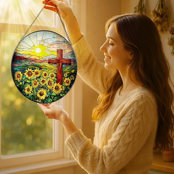 Cross Stained Glass Sun Catcher, Stained Glass Window Hanging, 8 Inch Suncatchers for Windows, Window Hanging Ornament, Easter Faith Home Decor, Cross Gifts, Gift for Religious, Christian Gifts