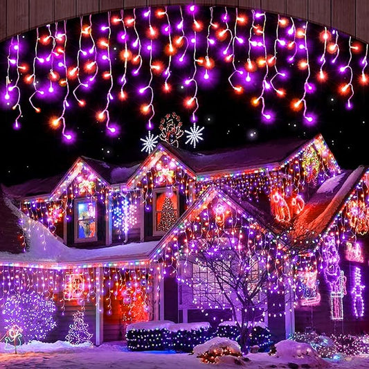 Halloween Icicle Lights Outdoor, 512 LED 46.5 FT 8 Lighting Modes with Timer & Memory, Curtain Fairy String Lights With 96 Drops for Halloween Decorations Holiday Party Eaves Yard (Purple & Orange)