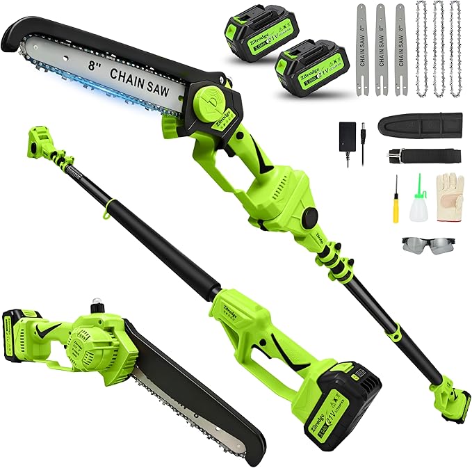 Pole Saws for Tree Trimming, 2-in-1 Electric Pole Saw & 8” Mini Chainsaw Cordless with Extension Pole, 15FT Max Reach Pole Saw Battery Powered, Tree Trimmer Limb Branch Cutter Pruner, 2×3.0Ah Battery